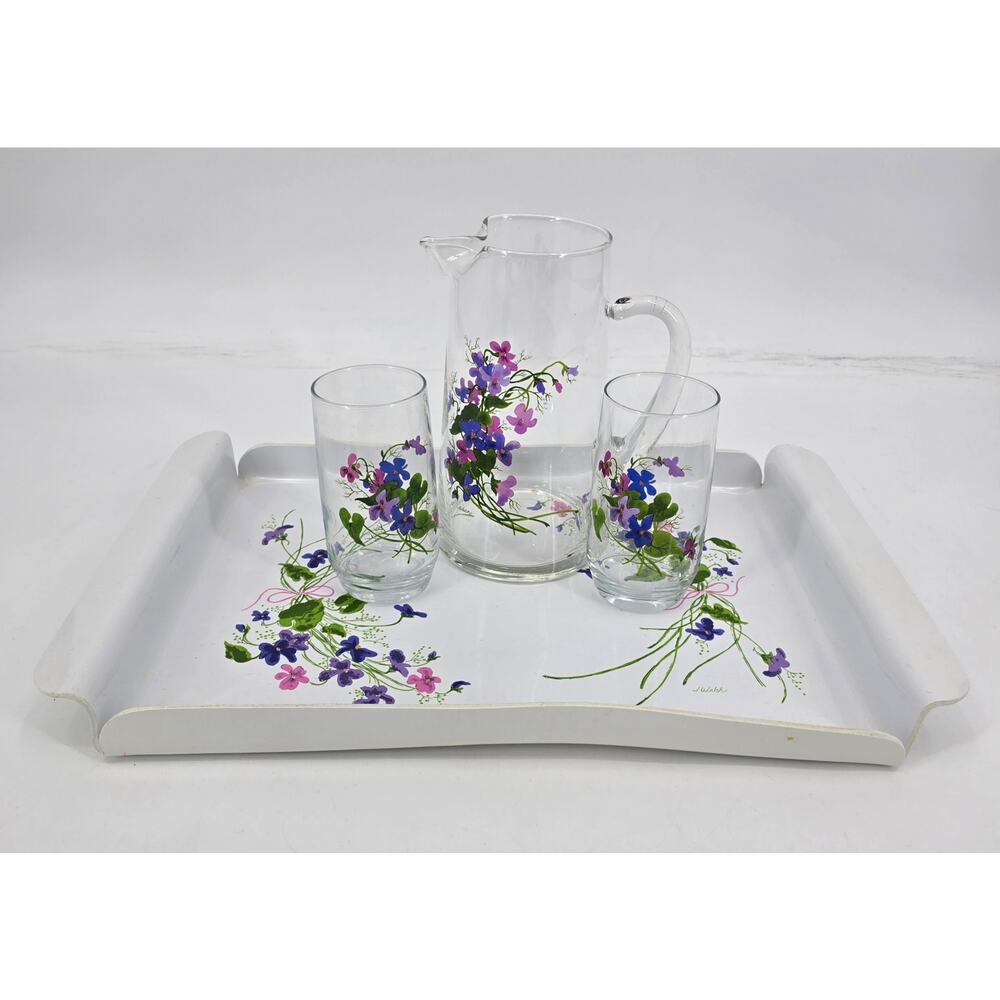 Avon Wild Flowers Glass Pitcher Tray‎ Set J. Walsh Signed Discontinued